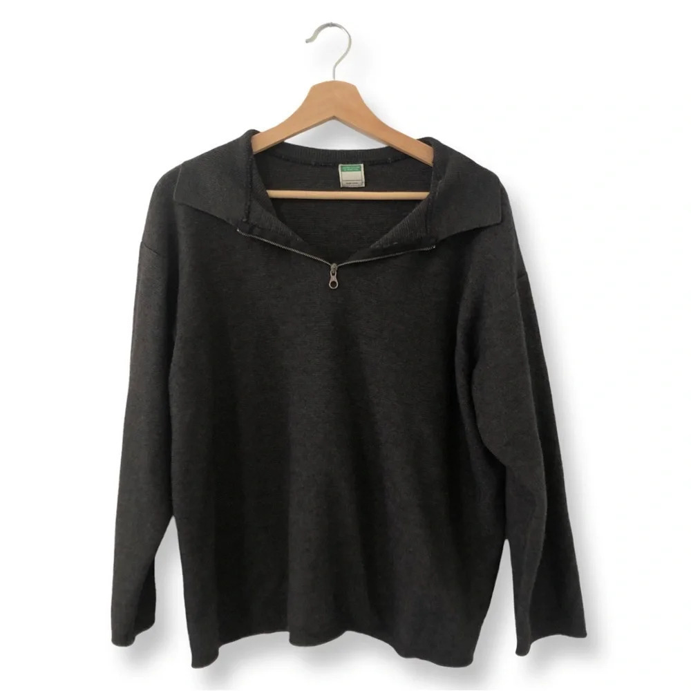 Italian Wool  Blend Benetton Quarter Zip Collar Gray Sweater Medium M